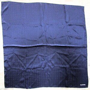 Chanel Silk Interlocking CC Logo Solid Blue White Trim 26" Square Scarf